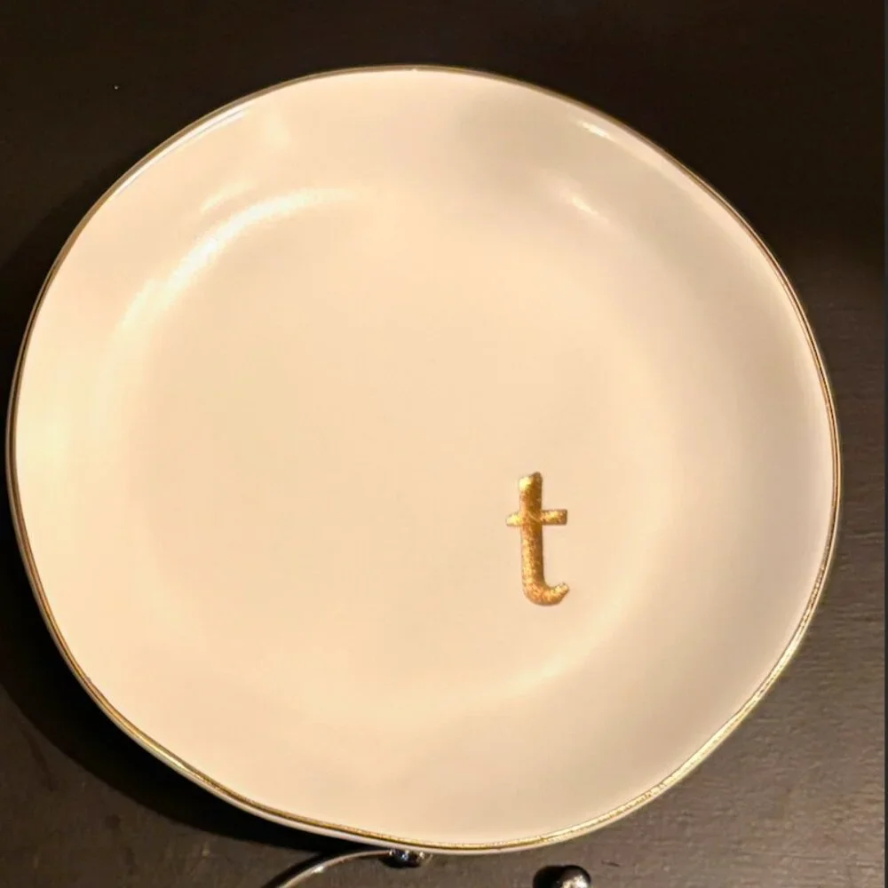 Letter T | Ceramic Jewelry Tray or Trinket Dish AND Letter T Silver Bracelet